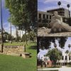 Loma Linda University campus scenes--Medicine Quadrangle, Good Samaritan sculptures by Alan Collins, and Magan Hall