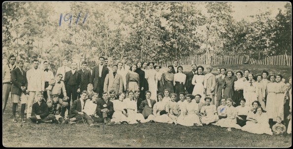 Adelphian Academy staff and students posed on the lawn, 1911-1912 school year