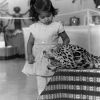 Jeanie John, daughter of Austin John from Pakistan, considers the head of leopard as part of the World Mission Exhibit at Andrews University Feb. 21 thru Mar. 1, 1967