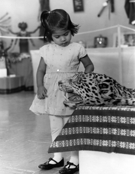 Jeanie John, daughter of Austin John from Pakistan, considers the head of leopard as part of the World Mission Exhibit at Andrews University Feb. 21 thru Mar. 1, 1967
