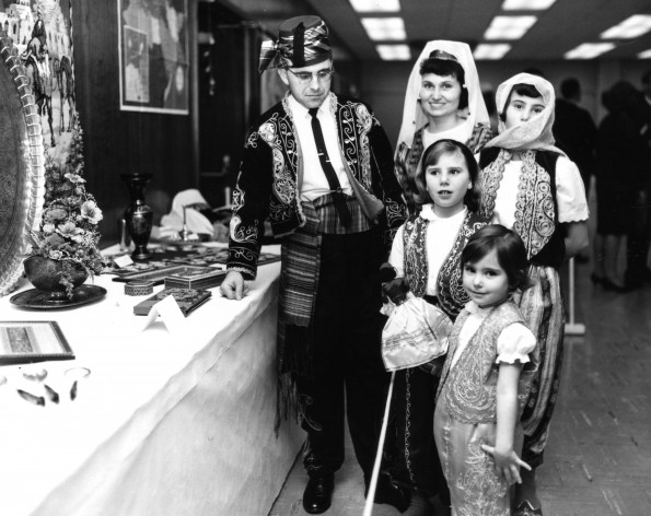 Curtis Miller and family from Istanbul display objects from their country as part of the World Mission Exhibit at Andrews University Feb. 21 thru Mar. 1, 1967