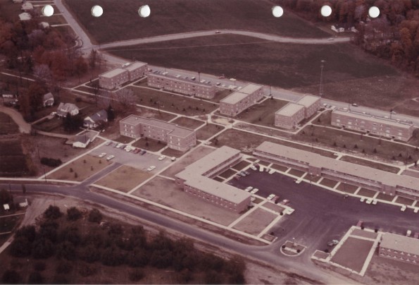 [Aerial view of the Andrews University Garland and Beechwood student apartments]