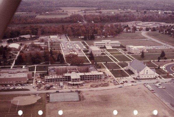 [Aerial view of Andrews University campus showing Lamson Hall West Front under construction]