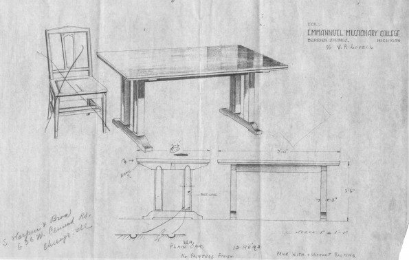 [Blueprints for tables and chairs for Emmanuel Missionary College Library]