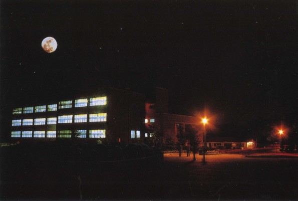 [A night view of the library at Sahmyook University in Seoul, South Korea]