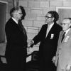 [Horace John Shaw greets Otto Arrndal and Lester Sevener at the 1973 Andrews University alumni weekend]