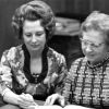 [Louise Dederen and Mary Jane Mitchell working in the James White Library at Andrews University]