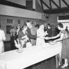 Refreshment table in Johnson Gymnasium prior to the Andrews University alumni Homecoming banquet, 1960