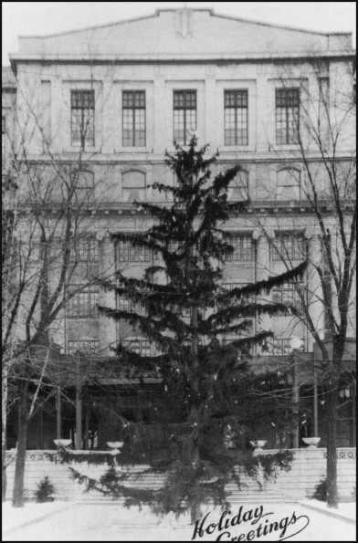 Main entrance to the Battle Creek Sanitarium decorated for Christmas around 1920