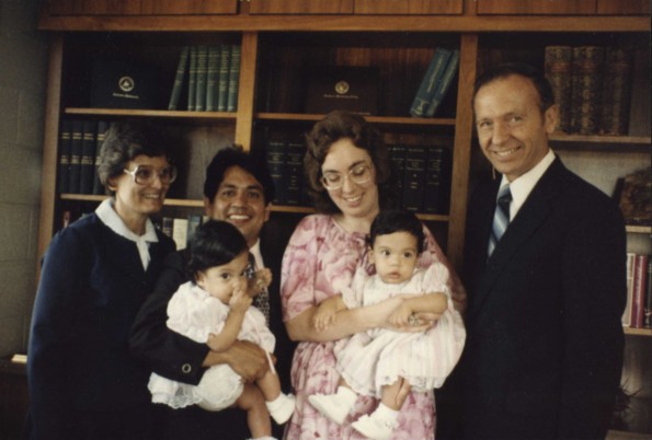 [Werner and Nancy Vyhmeister with Walter and Lee Ann Bermeo after their twins baby dedication at Pioneer Memorial Church]