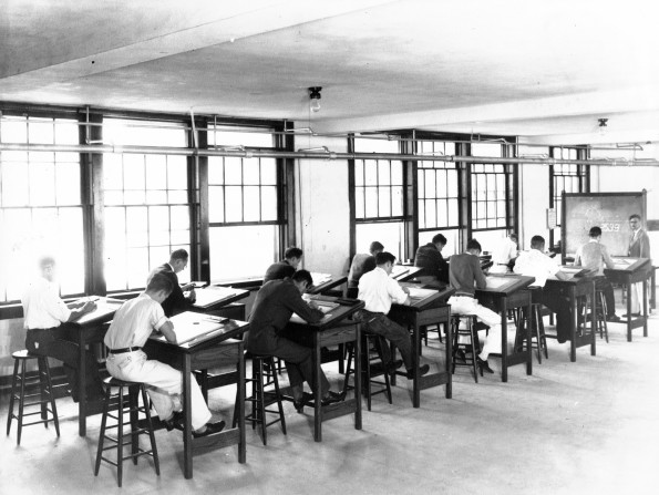 [Professor Standish with unknown students in Drafting class at Madison College]