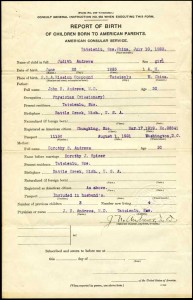 “Report of Birth of Children Born to American Parents.” This is for John and Dorothy’s 4th child, Judith, born June 1923.