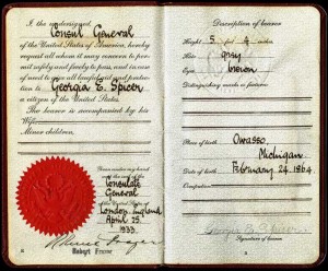 This is the passport of Georgie Spicer, wife of W. A. Spicer. 