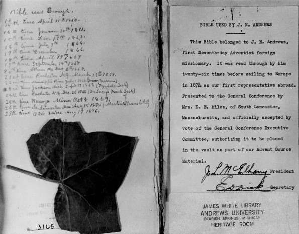 Bible read by John N. Andrews 26 times, open to inside cover