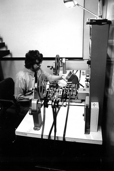 Editing a double system sound film in the film lab of the communication department at Andrews University.