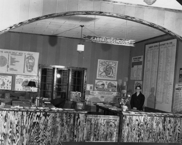 Sabbath school booth and Edith Shepard at the Michigan camp meeting