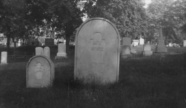 Grave markers (back side) of Angeline Andrews, wife of John N. Andrews and infant daughter, Carrie Andrews, bearing inscriptions, Our Carrie and My Wife, in the Rochester, N.Y. cemetery