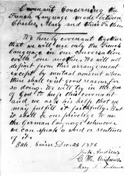 French language covenant signed by John, Charles, and Mary Andrews, 1876