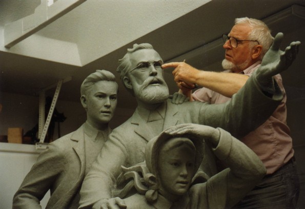 Statue of John N. Andrews being worked on by Alan Collins, sculptor