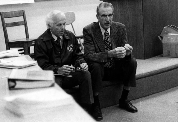 Edward C. Banks and Delmer Holbrook at the 1975 Family Life Workshop, Andrews University, planning for the Adventist Marriage Enrichment Retreats