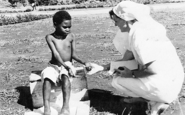 Martha, a girl from Orava on the southeast point of Bougainville with elephantiasis in her left leg.