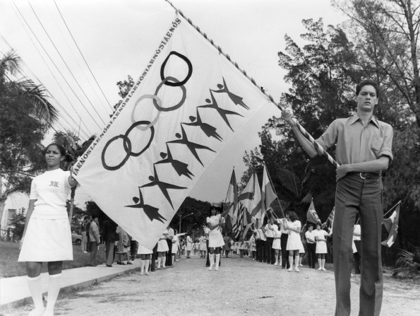 Brazil College students participate in a parade on a holiday, 1970s