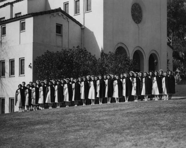 College of Medical Evangelists School of Nursing graduating class outside the church, 1940s