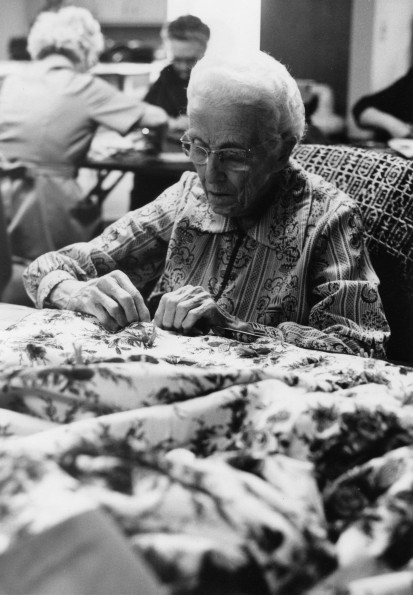 Lolita Hemp works on a quilt at the Berrien Springs Community Services Center (Mich.)