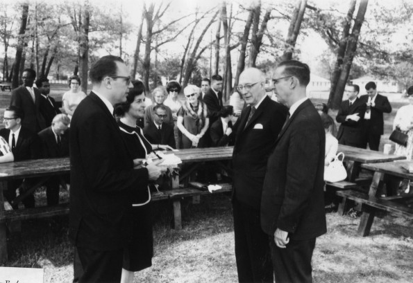 Columbia Union College president, Winton Beaven, speaks to CUC alumni John and Margaret Kroncke, in Berrien Springs  Michigan, May 27, 1967