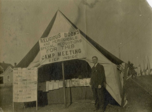 Book sale tent at the Michigan Conference camp meeting, perhaps in the 1930s