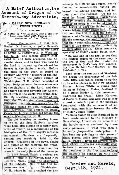 Early New England experiences of SDA church