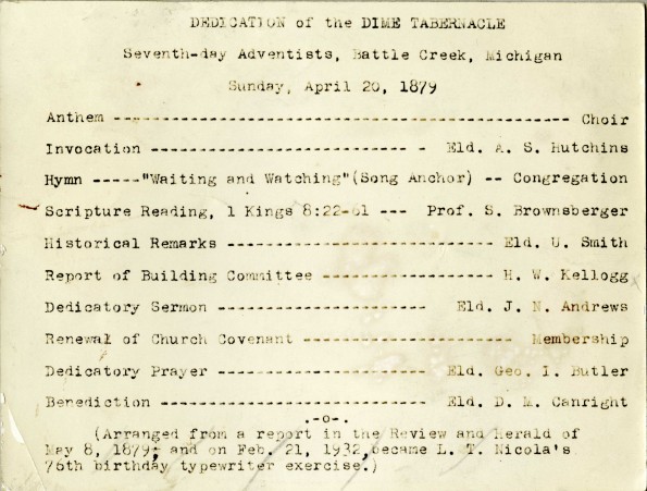Dime Tabernacle Dedication Program