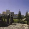 Loma Linda University Good Samaritan sculpture with the University Church and the Medical Center after the addition of the Chan Shun and Coleman pavilions