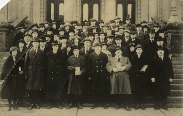 Michigan Colporteurs standing before the Michigan Capitol Building, 1922, Feruary