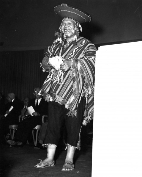 Justo Roman Toina and the conch shell that is used to call the Quechua Indians of Peru to special gatherings.