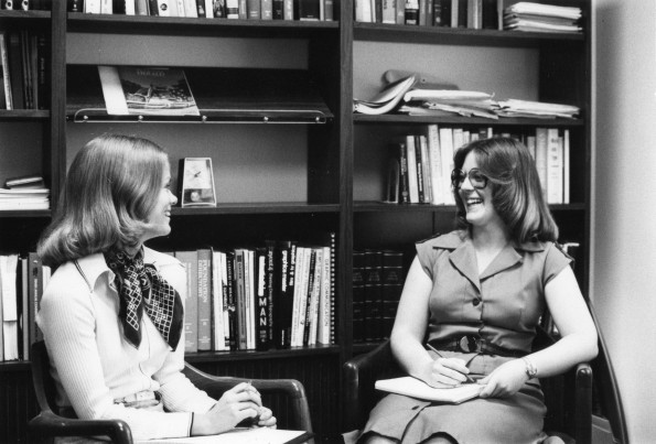 Hinsdale Sanitarium and Hospital intern, Karen, interviews Louise Buxton in preparation for a physical fitness seminar