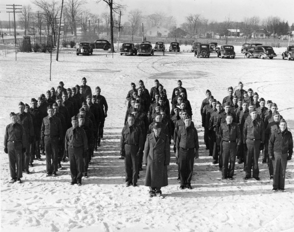 Medical Cadet Corps company at attention in the snow at Grand Ledge training ground