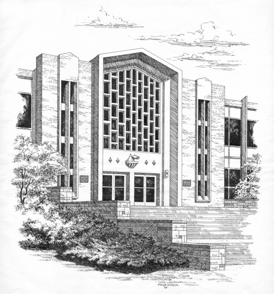 Artist drawing of Andrews University James White Library [original art]