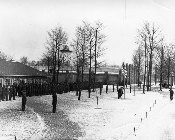 Flag raising at the Medical Cadet Corps training facility at Grand Ledge, Michigan