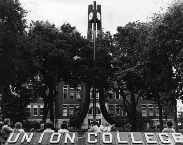 Union College Administration Building with new clock tower and college sign