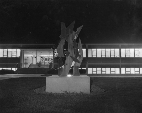 Walla Walla College Kretschnar Hall and 1968 abstract sculpture
