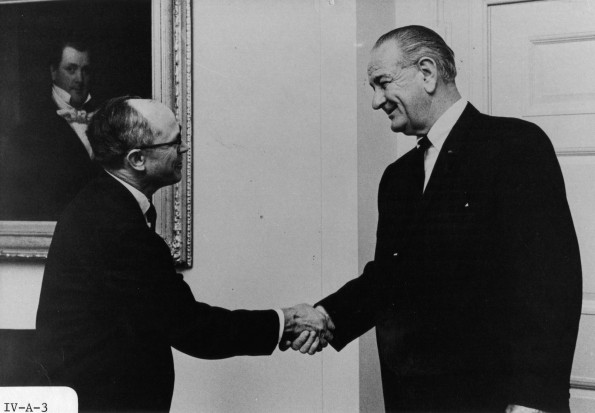 Andrews University president Richard L Hammill meets the President of United States Lyndon Baines Johnson, 1967