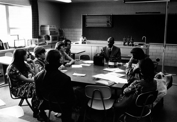 Frank L. Jones discusses Sabbath School objectives with Andrews Academy students
