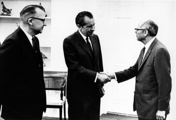 Andrews University president Richard L Hammil meets the President of United States Richard Milhous Nixon, 1969