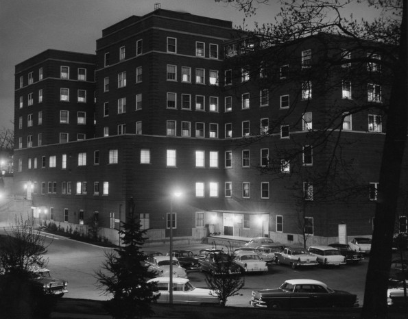 Hinsdale Sanitarium and Hospital at dusk in the late 1950s