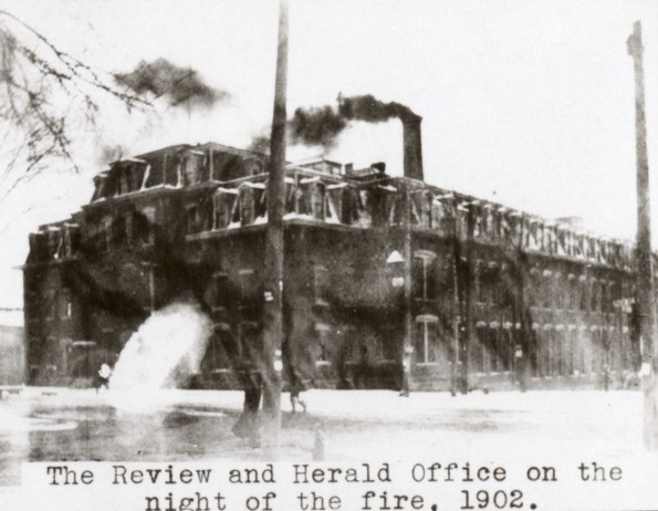 Review and Herald Office on the night of the fire, 1902
