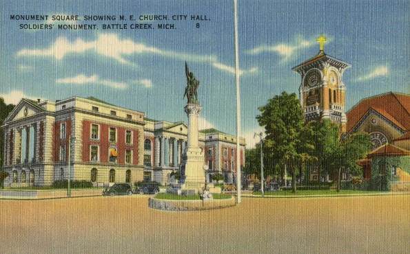 Monument Square in Battle Creek, Michigan, showing City Hall, the Solder's Monument, and the First Methodist Church [drawing]