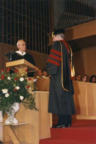 Andrews University president Niels-Erik A. Andreasen and board of trustees chairman, Robert J Kloosterhuis at Pioneer Memorial Church