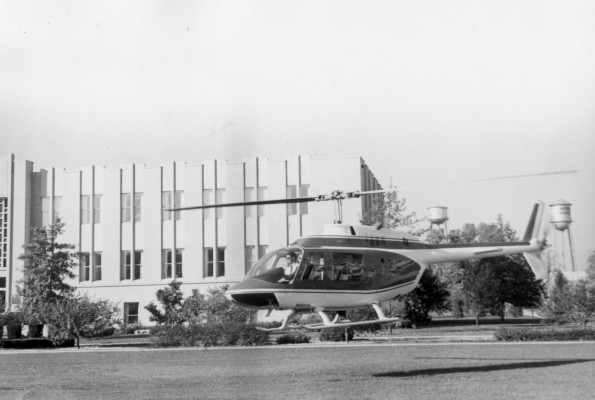 Andrews University Advisory Council Fly-in on a Bell Jet Ranger helicopter