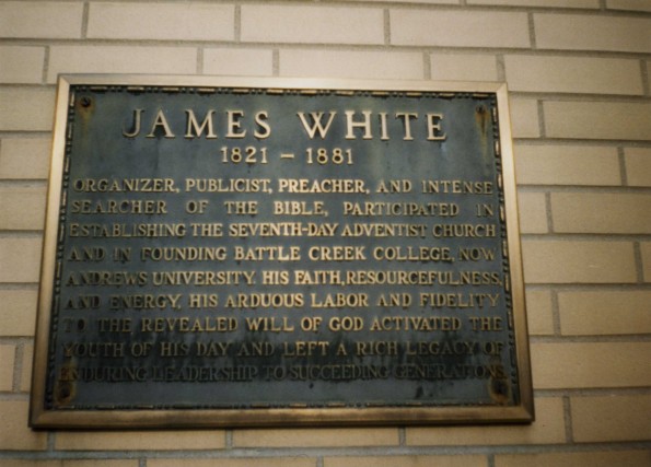Plaque by the entrance to James White Library, Andrews University